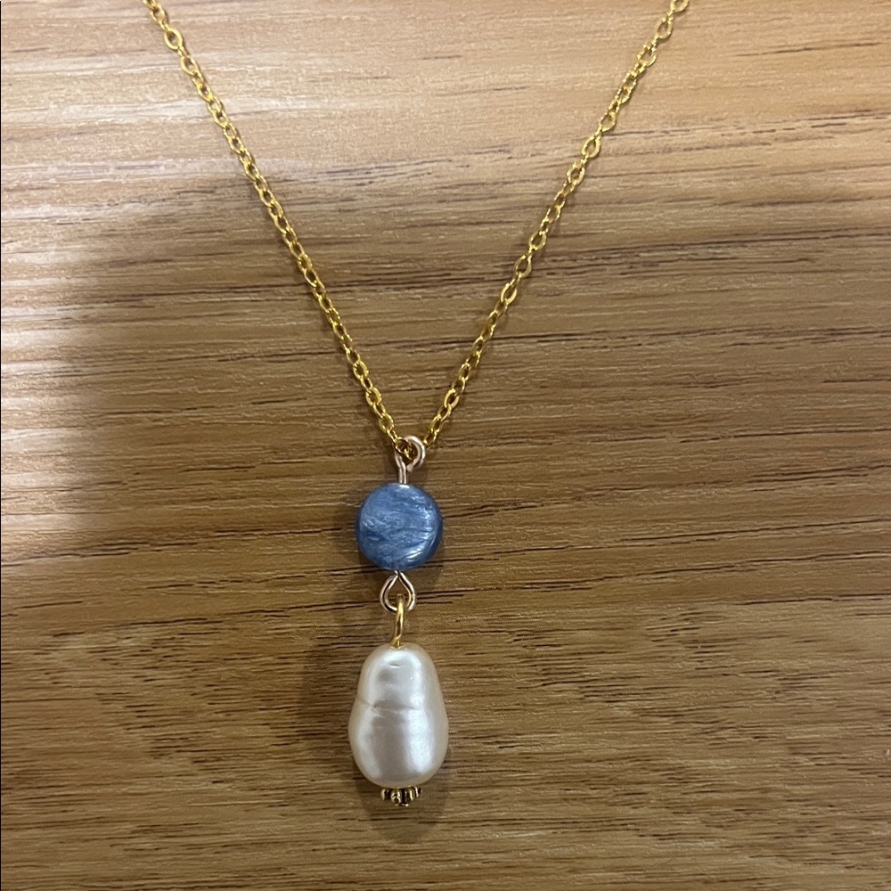 Gold Pearl Raw Kyanite Pendant Necklace